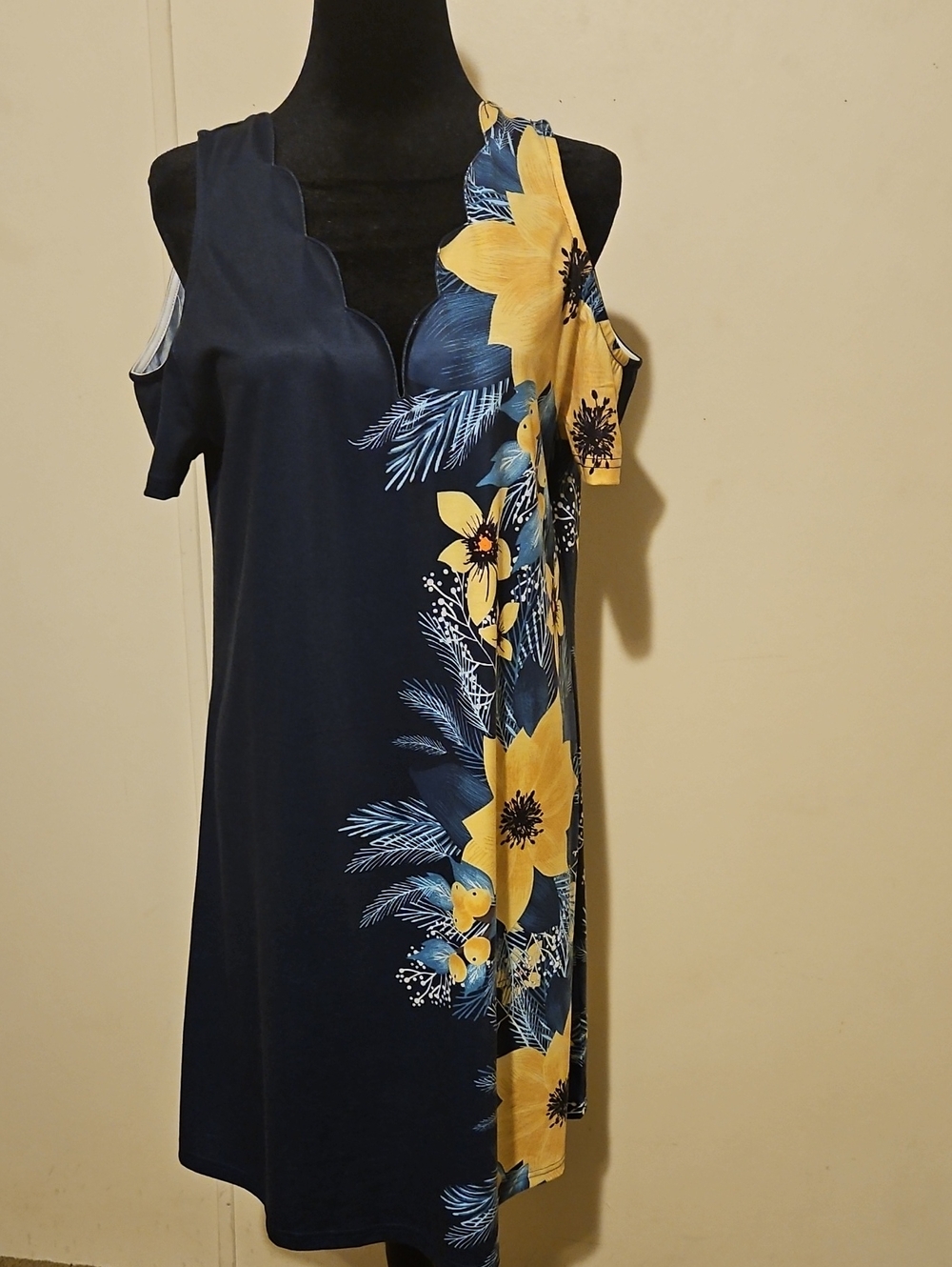 Navy & Yellow Floral Cold-Shoulder Women's Dress